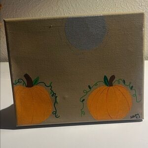 handmade Pumpkin Canvas Art with Green Accents